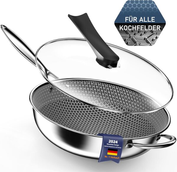 Kiseely Hybrid Wok Pan with Lid 34 cm, Non-Stick Stainless Steel Wok Pan Induction, Frying Pan with Non-Stick Coating, Induction Safe Pan, BPA/PFOA-Free Wok (KP3)