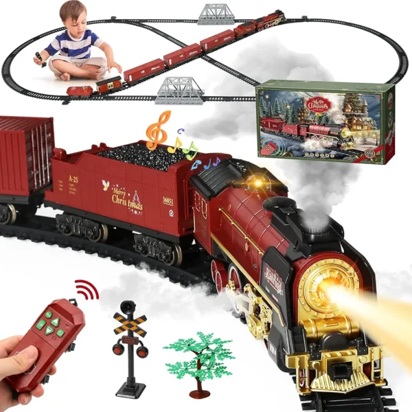 Remote Control Train Set, Steam Train Toy with Smokes, Lights & Sound, Electric Train Sets for Kids with Railway Kits, Coal Cars & Tracks, Classic Christmas Train Set for 3 + Year Boys Girls